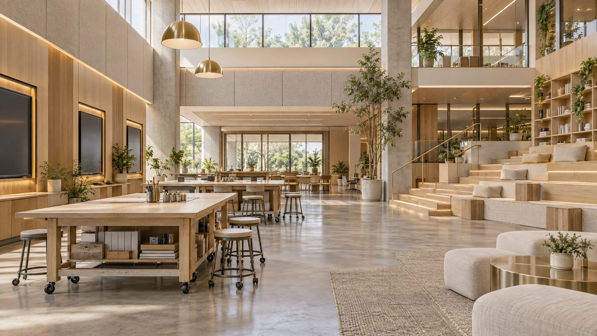 Concept of a warm innovation studio with flexible wood workstations