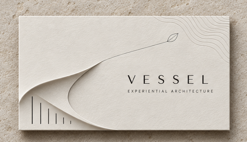 Original Vessel card design with embossed organic curves, a leaf, and experiential architecture lettering