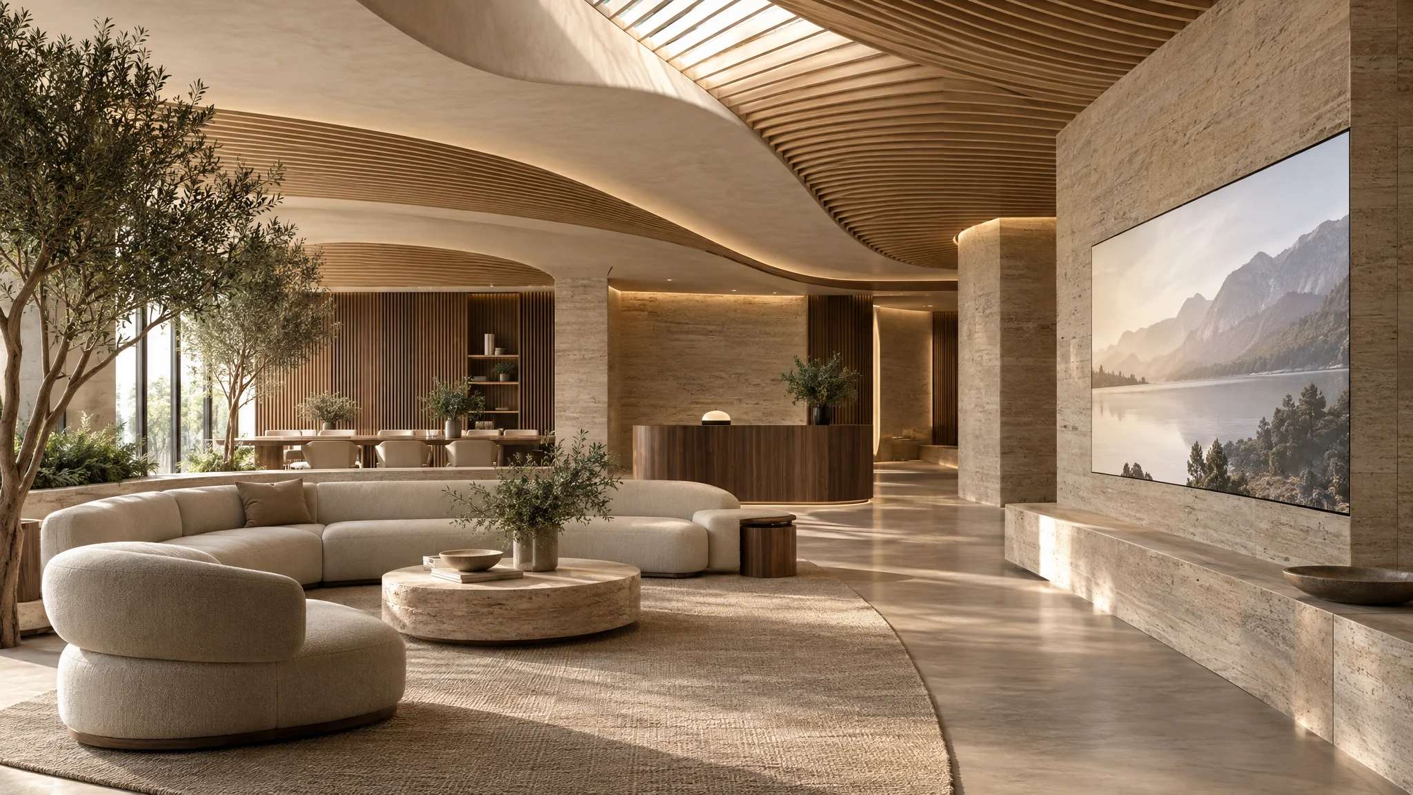 Concept study of a warm sculptural workplace with stone, wood, and integrated technology